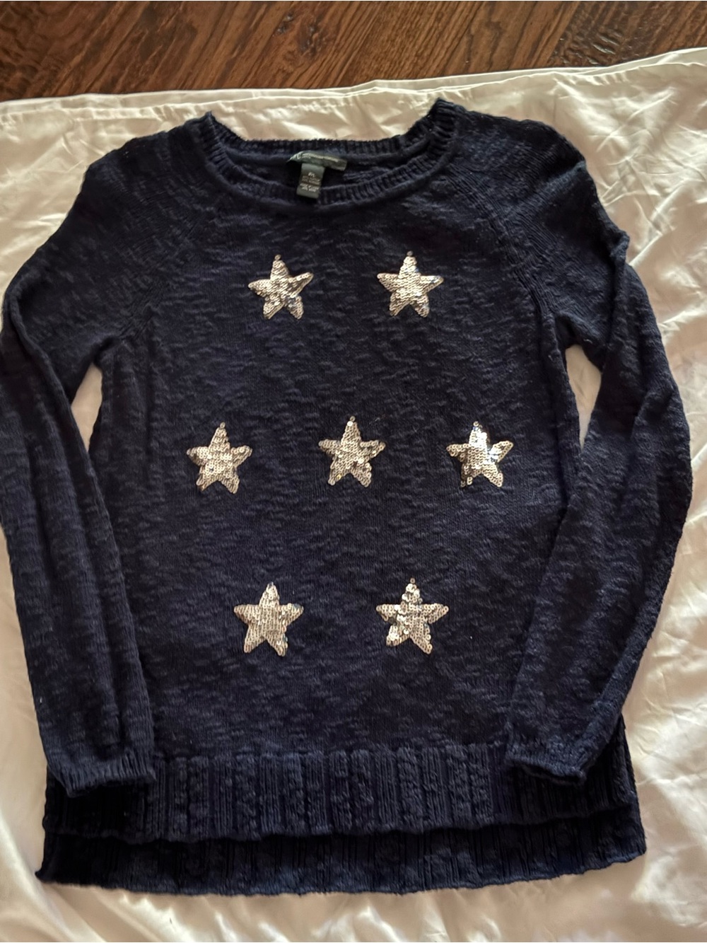 INC International Concepts Navy Crewneck Sweater with Silver Sequin Stars